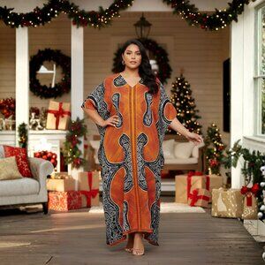 Gypsie Blu Full Length Brown Tribal Kaftan Polyester Maxi Dress Beach Cover Up